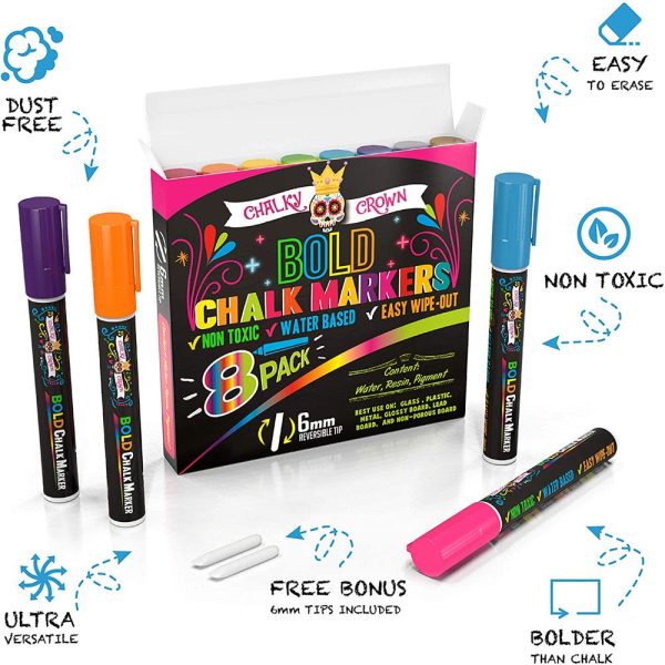 Chalky Crown Bold Chalk Markers - Dry Erase Marker Pens - Reversible Tip (8 per Pack) - (Multi-Colored, 6 Mm) Online now - Image 2