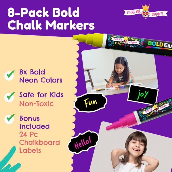 Chalky Crown Bold Chalk Markers - Dry Erase Marker Pens - Reversible Tip (8 per Pack) - (Multi-Colored, 6 Mm) Online now - Image 3