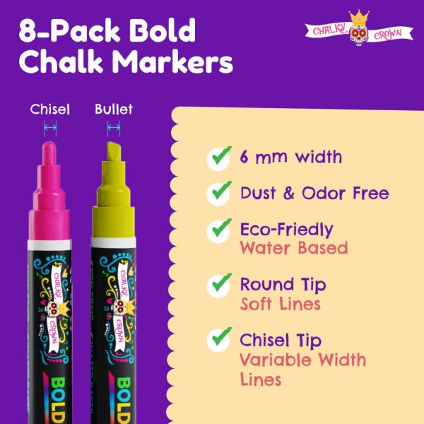 Chalky Crown Bold Chalk Markers - Dry Erase Marker Pens - Reversible Tip (8 per Pack) - (Multi-Colored, 6 Mm) Online now - Image 4