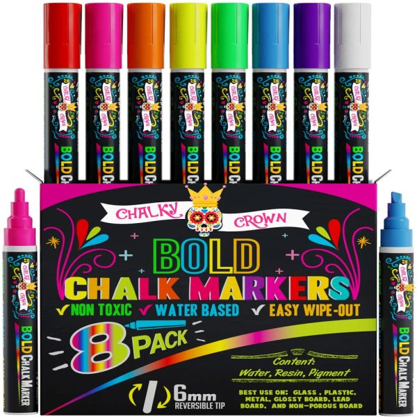 Chalky Crown Bold Chalk Markers - Dry Erase Marker Pens - Reversible Tip (8 per Pack) - (Multi-Colored, 6 Mm) Online now